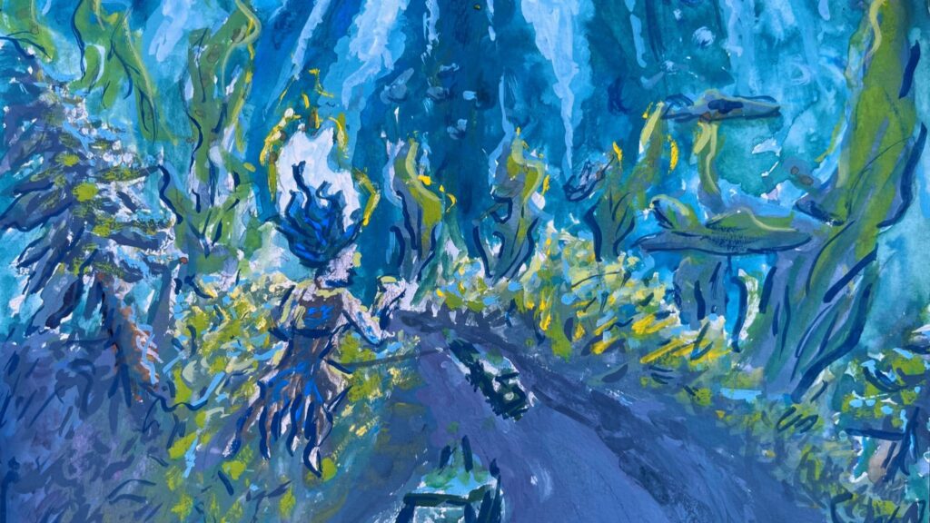 A gouache painting done by the intern depicting a blue and green underwater scene.