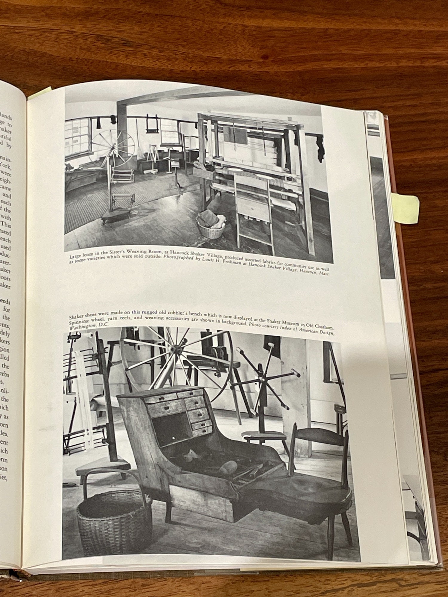 Greyscale photos of wooden spindle wheel, and various wooden desk and chair furniture photographed with notes; from The American Shakers and Their Furniture book