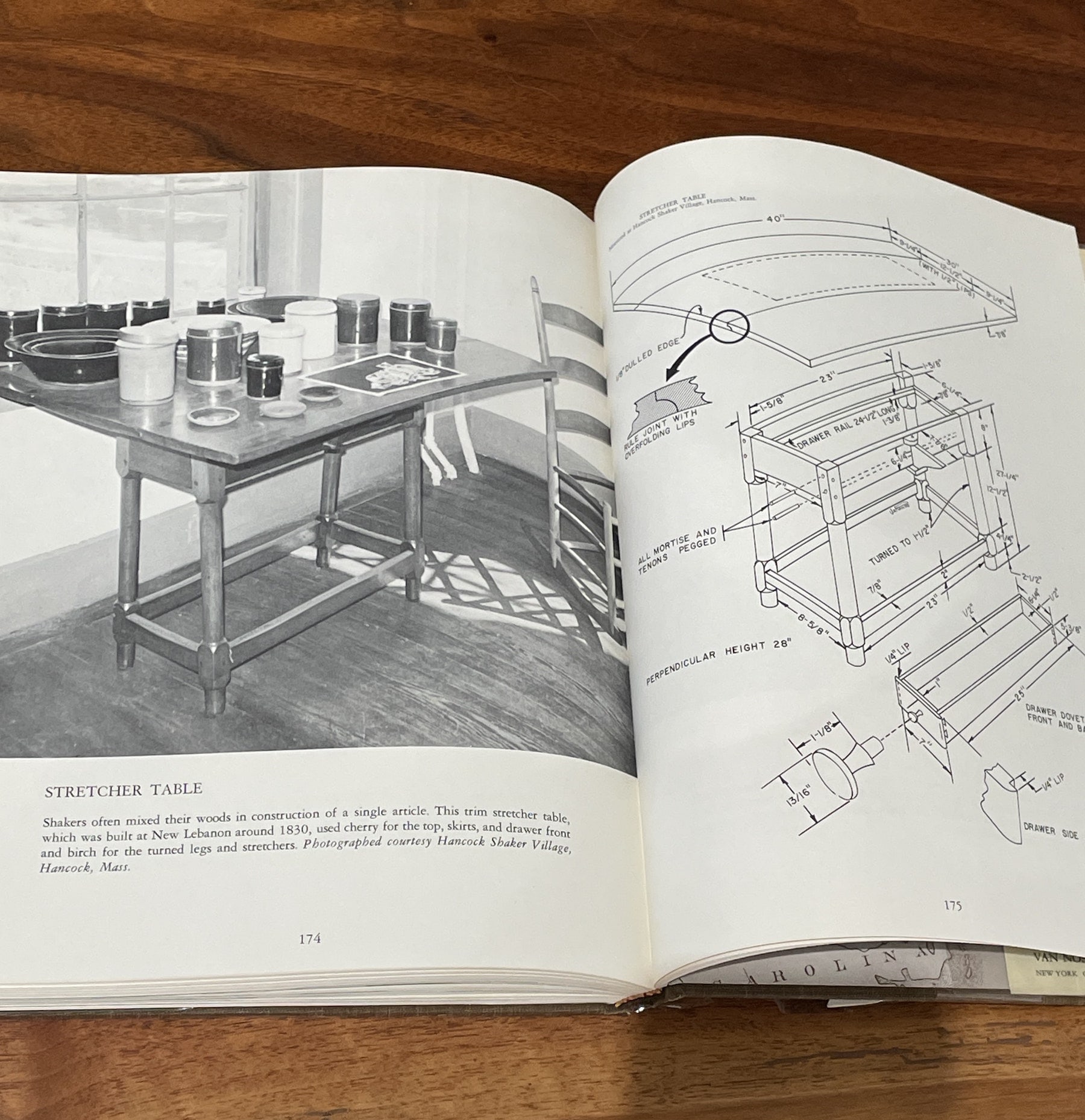 Greyscale photo of stretcher table photographed with diagram of measurements and fabrication notes; from The American Shakers and Their Furniture book