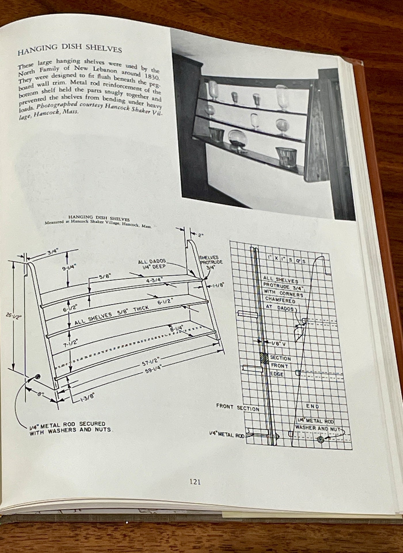 greyscale photo of Hanging Dish Shelves diagram and measurements wooden shelf photograph; from The American Shakers and Their Furniture book