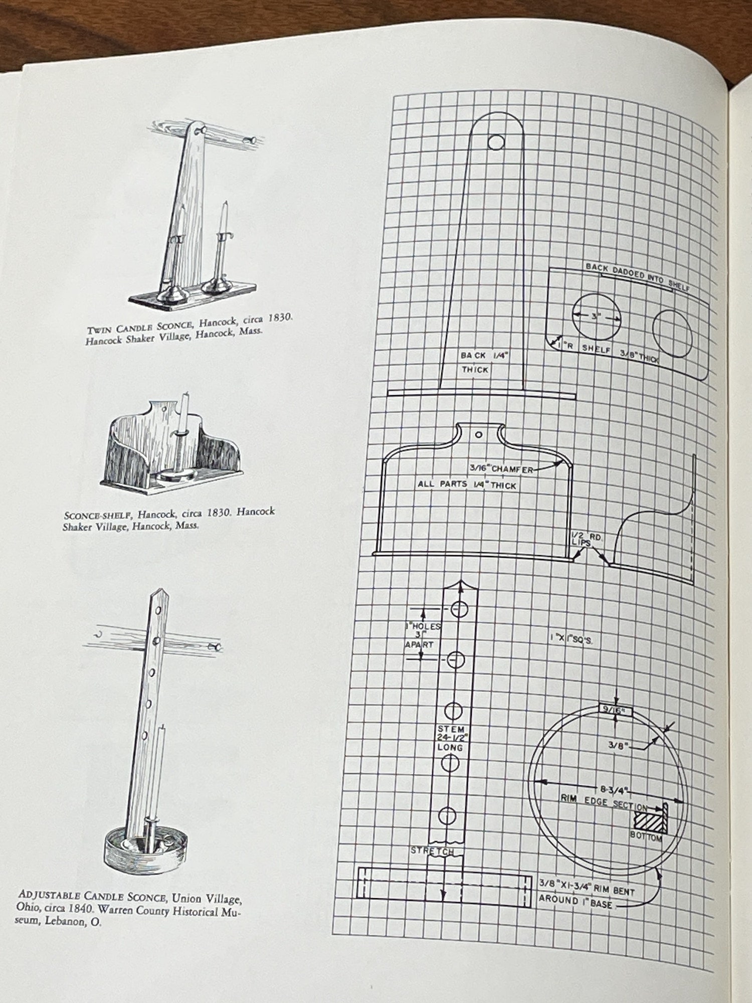 diagram and gridded measurement instructions for how to build a candle sconce-shelf from the book The American Shakers and Their Furniture, by John G. Shea