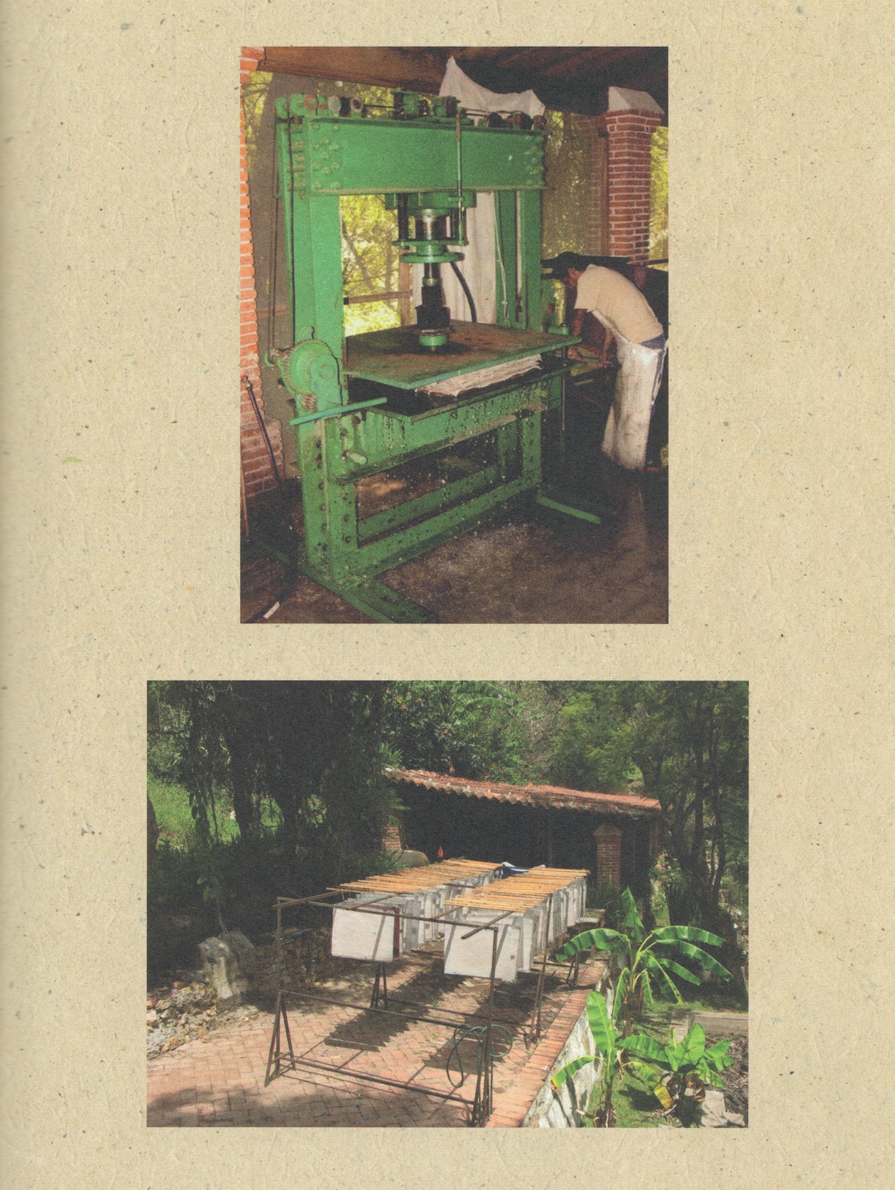 Paper pressing and drying on racks outside-process