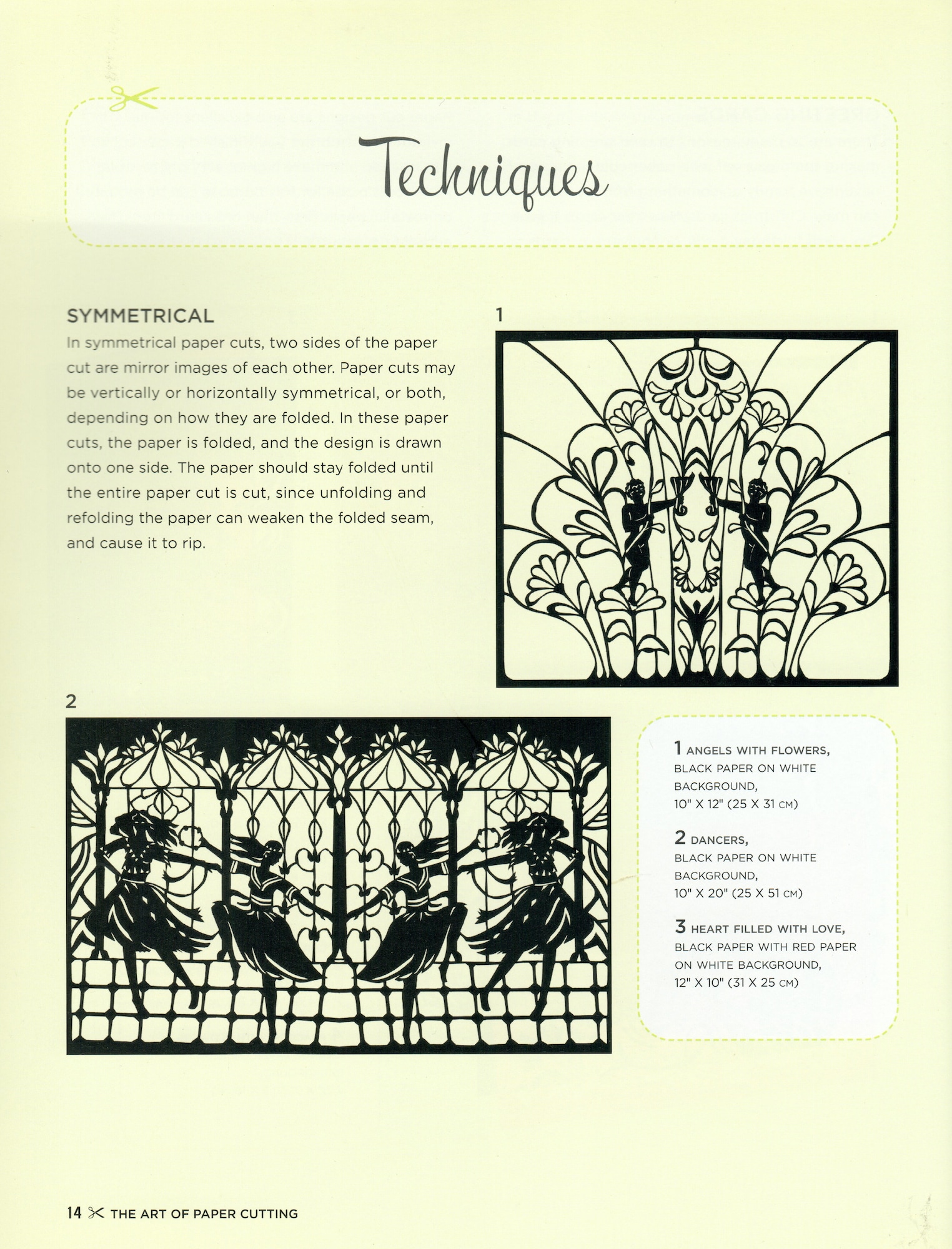 papercut designs of people inside of floral designs, and 4 girls dancing in a courtyard, with various symmetry paper-cut technique notes