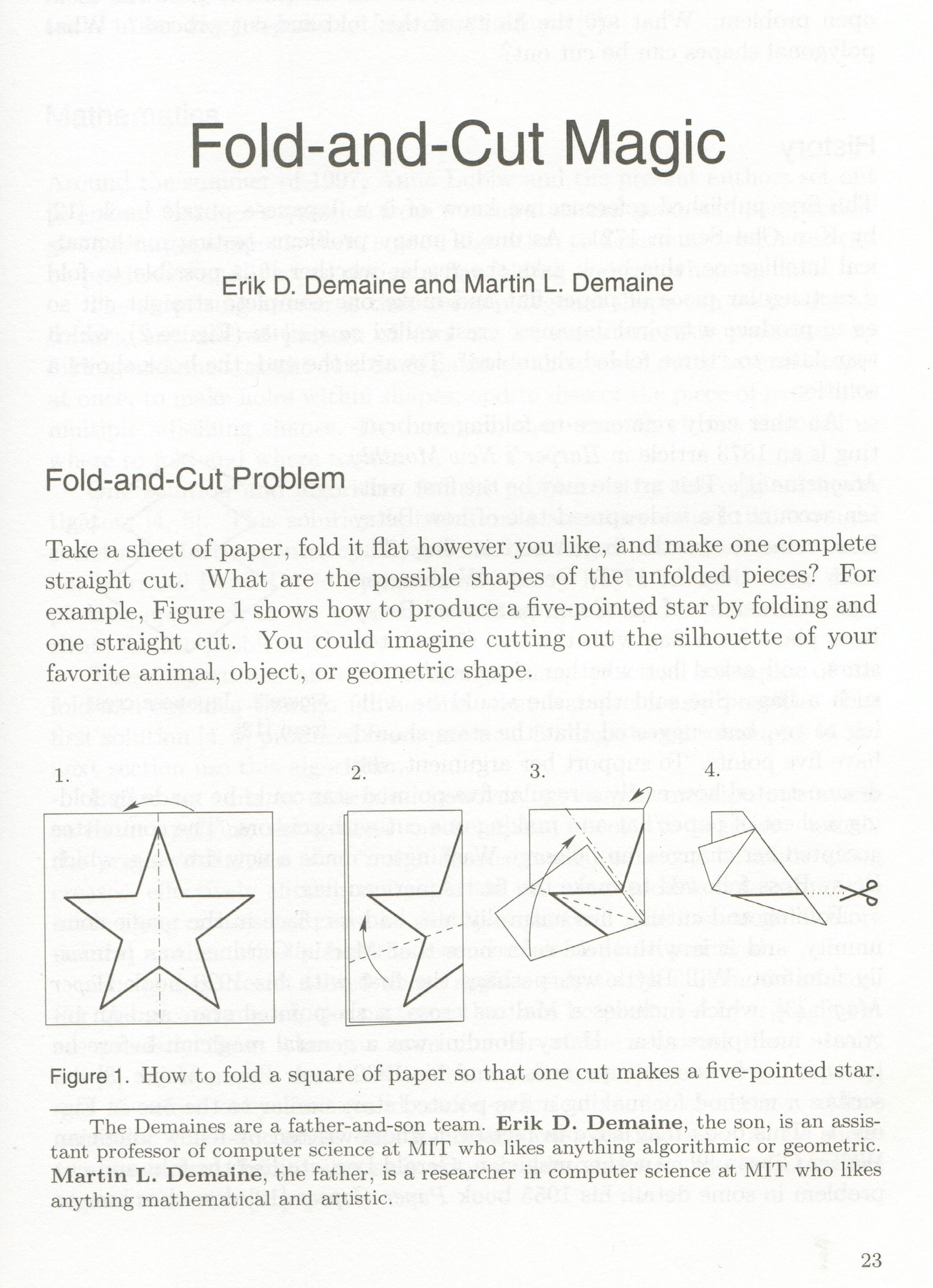 "Fold-and-cut magic" page, showing various designs, wherein a star is drawn on diagrams of paper that is folded in different ways. From Tribute to a Mathemagician book