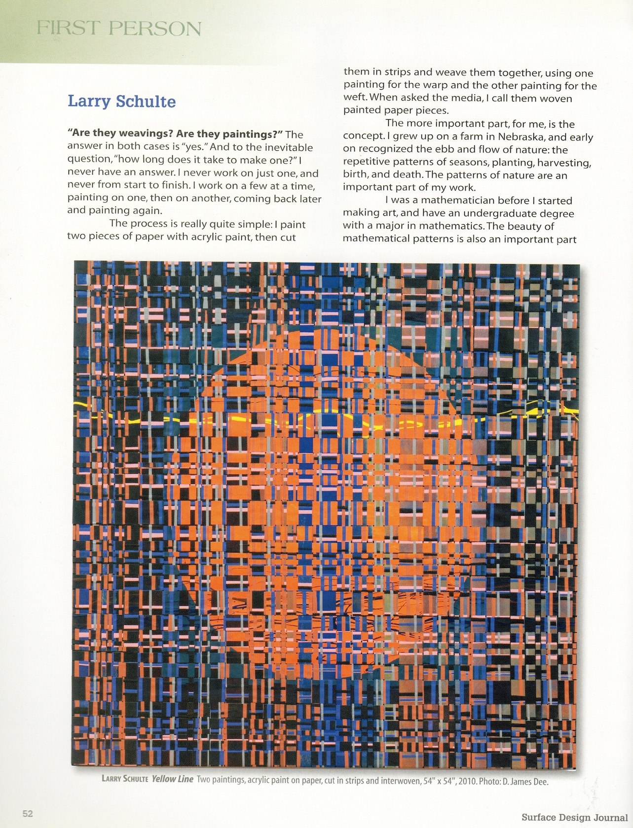 Colorful orange, blue, grey and earth tone photo of one of Larry Schulte's 'woven painted paper pieces'