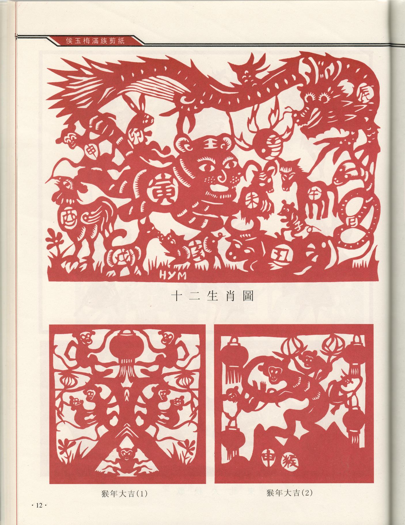 Red paper-cut designs showing 3 scenes of detailed dragon, tiger, monkey, plant and lantern shapes together